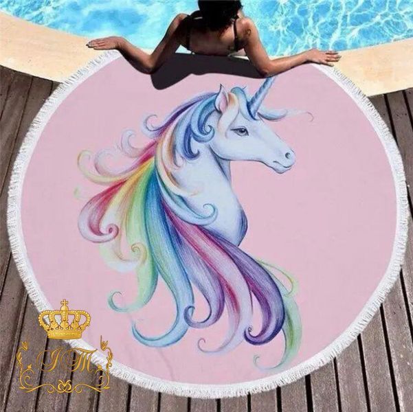 "Unicorn" Round Beach Terry Towel with Fringe, 150 cm, Pink