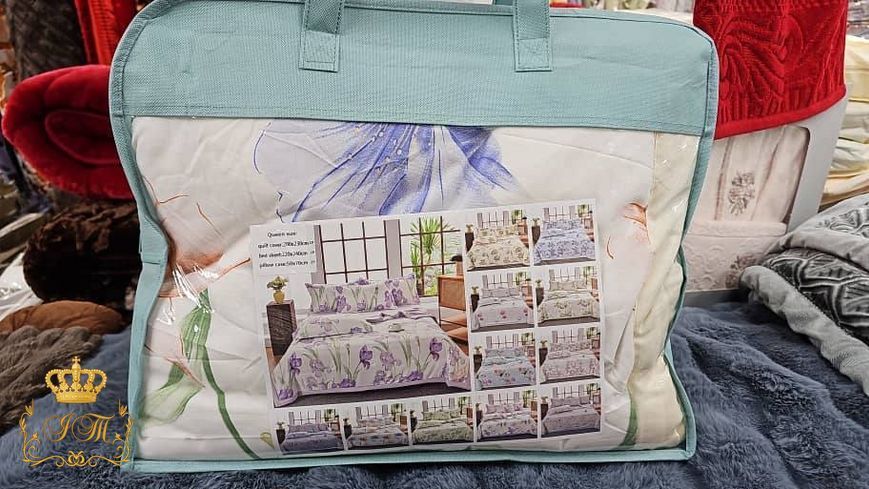 L&M Home Bedding Set with Summer Quilt No.9, Stripe Satin, Euro Size