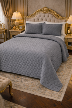 Velour Bedspread &ldquo;Rhombus&rdquo; 220&times;240 cm with 2 Pillowcases 50&times;70 cm, Graphit