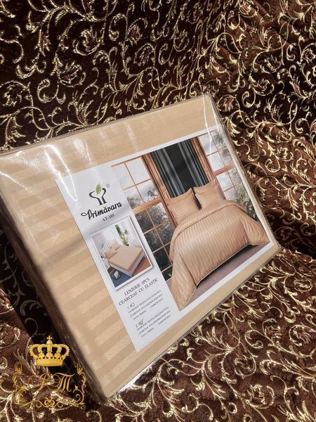 Caramel Stripes Satin Bedding Set No1 P9rimăvara, Euro Size
