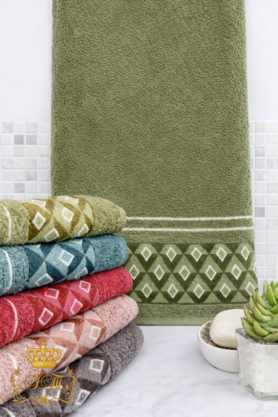 Rhombus, Face Towel, 50&times;10 cm, Terry Cotton, Olive, China